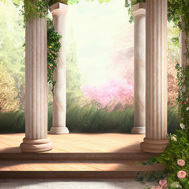 Wooden stage decorated with flowers 3d visualisation fantasy wedding podium digital illustration