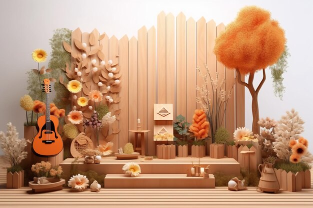Выставка рекламного стенда с деревянной сценой с дополнительными элементами, такими как цветок