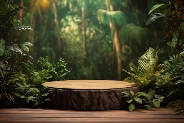 A wooden stage with a jungle scene in the background
