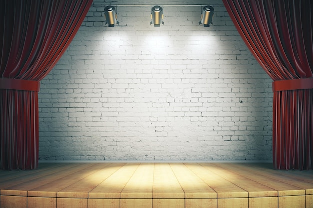 Wooden stage with red curtains