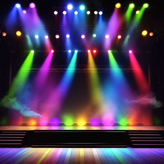 Wooden stage with smoke and spotlights generated by ai