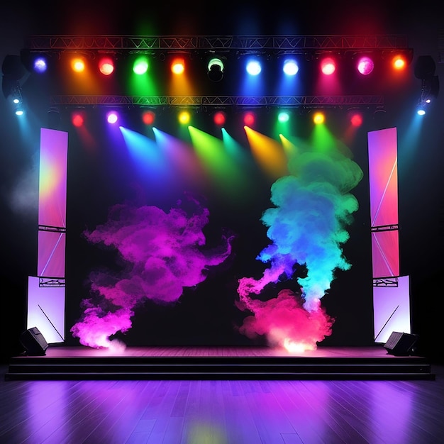 Wooden stage with smoke and spotlights generated by ai