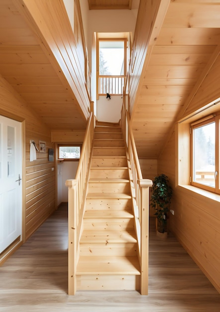 Wooden staircase to the attic in the house