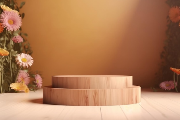 Wooden staircase display podium with colorful daisies and leaves on both side of orange wall Warm tone background template Created with Generative AI technology