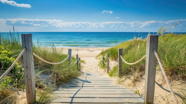 Photo a wooden staircase leads to the beach surrounded by sand dunes and green grasses under clear blue skies