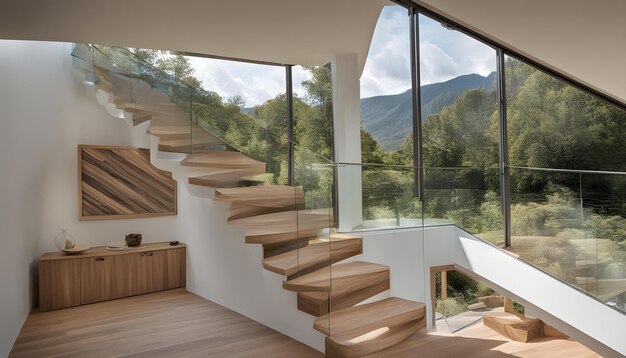 a wooden staircase leads to a forest of trees