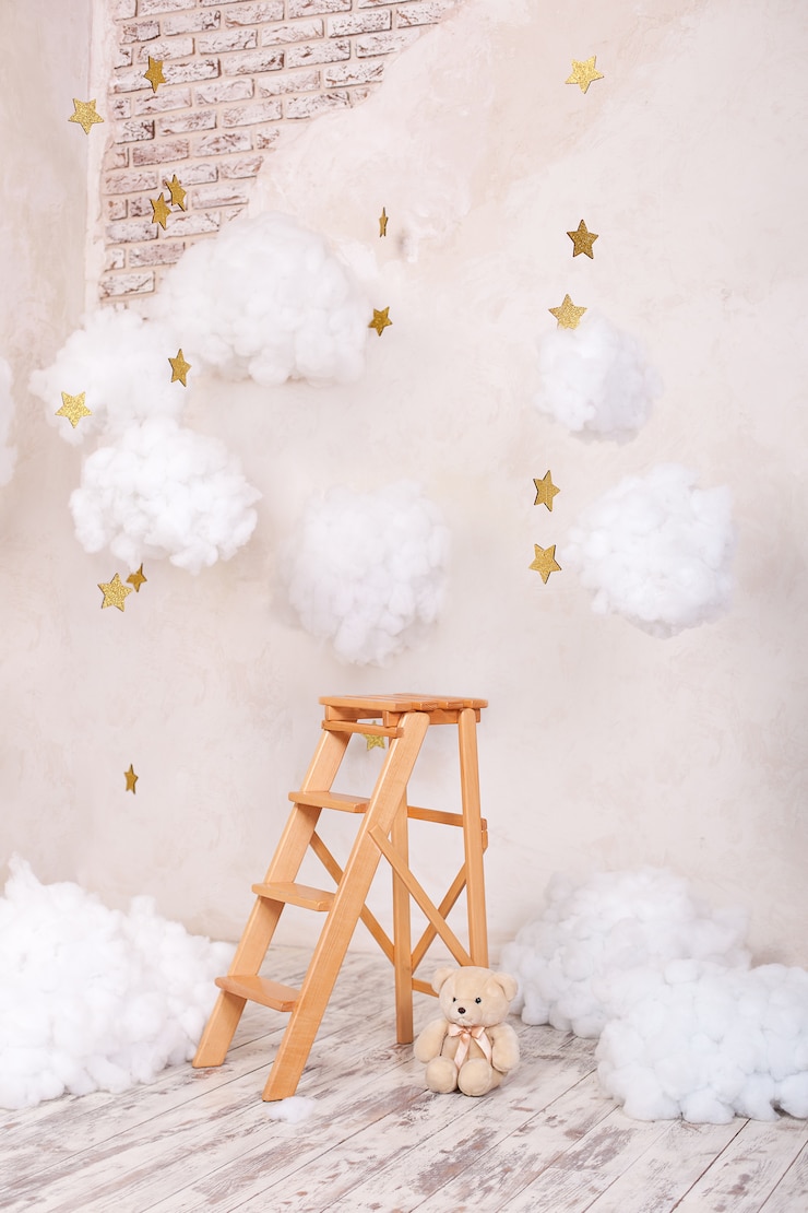 Wooden staircase stool with clouds in the children room.