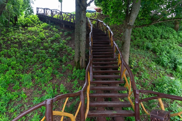 Wooden staircase in traditional Belarusian style