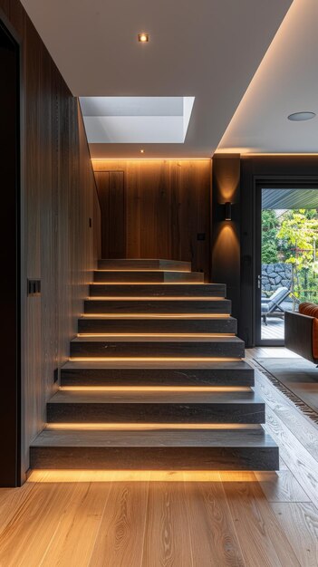 Photo wooden staircase with integrated lights in a modern house