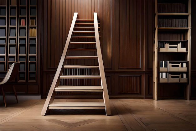 A wooden staircase with a ladder in the middle of a library.