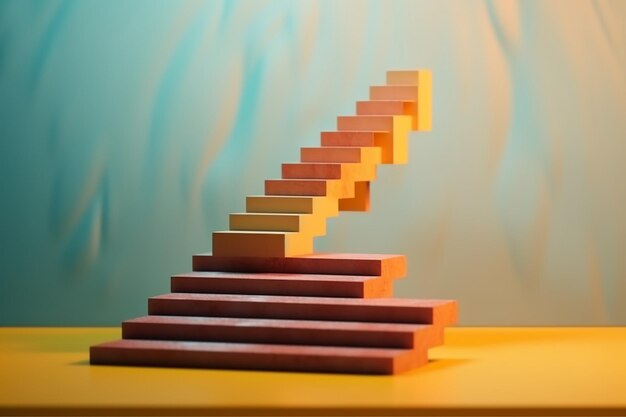 A wooden staircase with a yellow arrow pointing up and the word " on it "