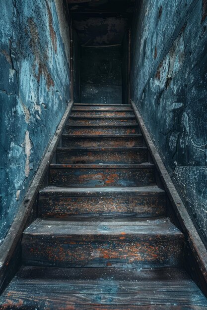 Wooden stairs in an abandoned building with blue walls