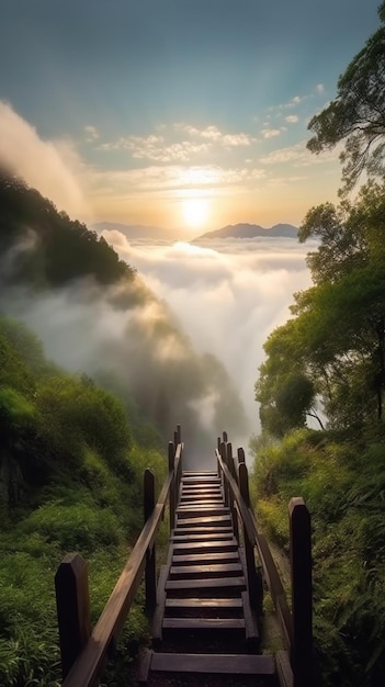 A wooden stairway leads to the clouds.