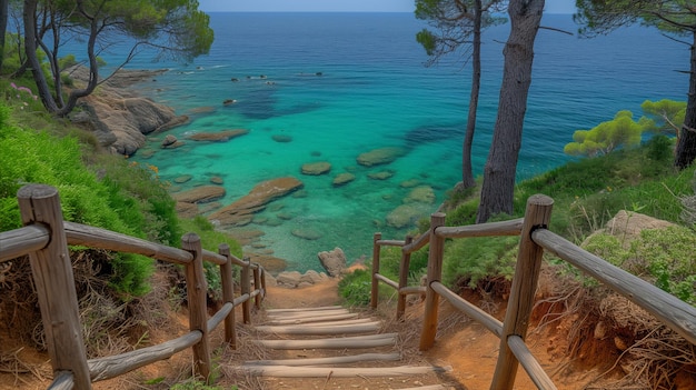 Wooden Stairway to Serene Mediterranean Cove