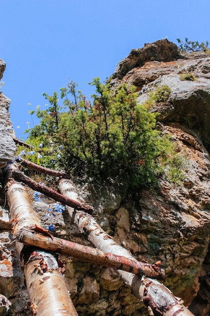 wooden stairway to the sky in the mountains