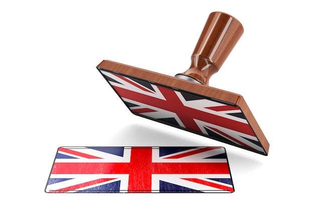 Wooden stamper seal with British flag 3D rendering