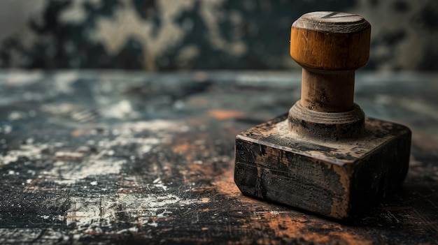 Wooden Stamper on Table Stamp Tool Resting on a Wooden Surface