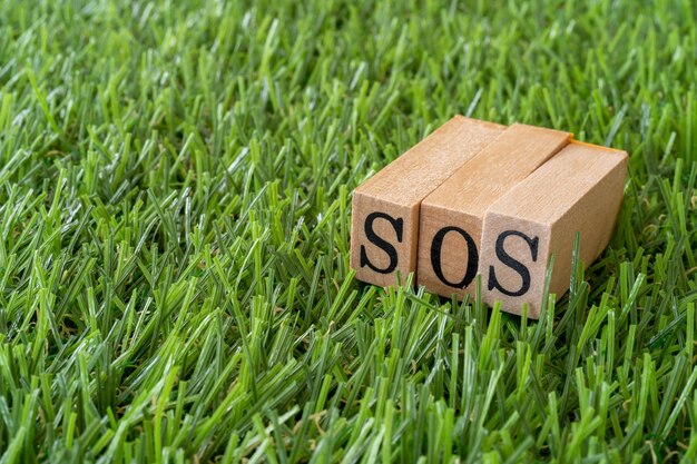 草の上の概念の SOS テキスト付きの木製スタンプ。