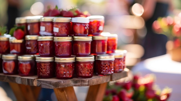 Foto uno stand in legno che mostra file di barattoli di muratore pieni di marmellata di fragola fatta in casa