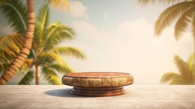 A wooden stand with a palm tree in the background.