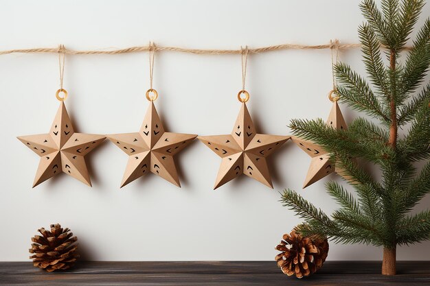 Photo wooden star ornament on decorated pine tree banner mockup