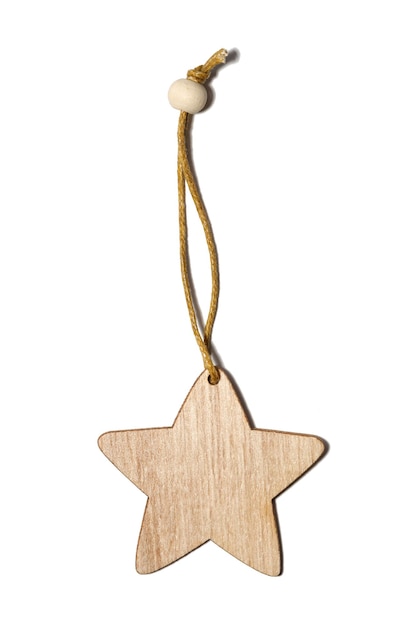 Wooden star on a string isolated on white backgroundchristmas decoration