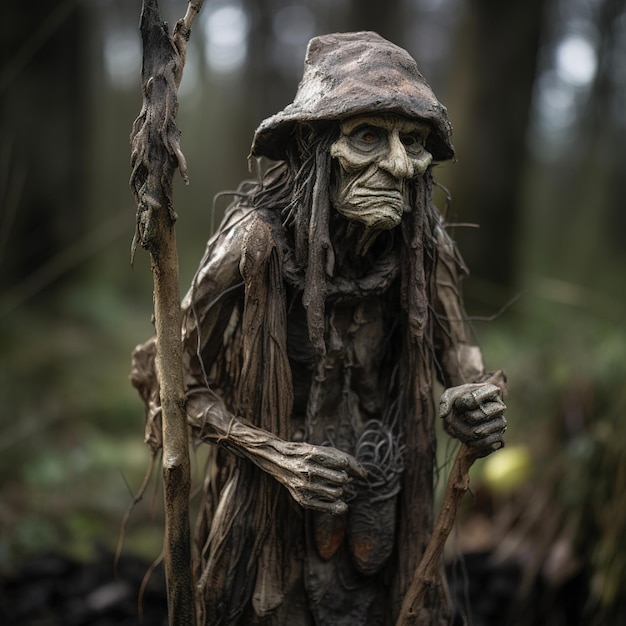 a wooden statue of a man with a hat on it