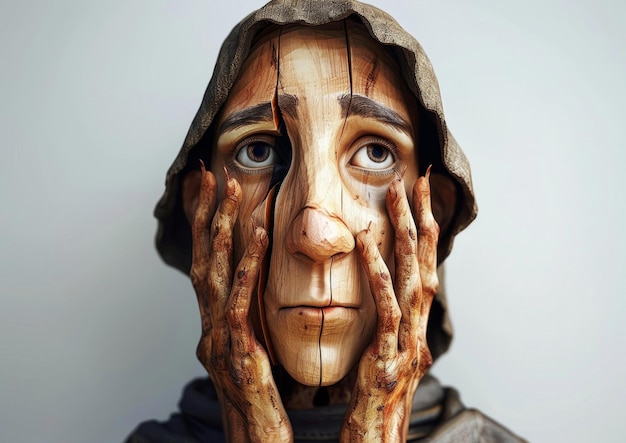 Photo a wooden statue of a person with hands covering their face