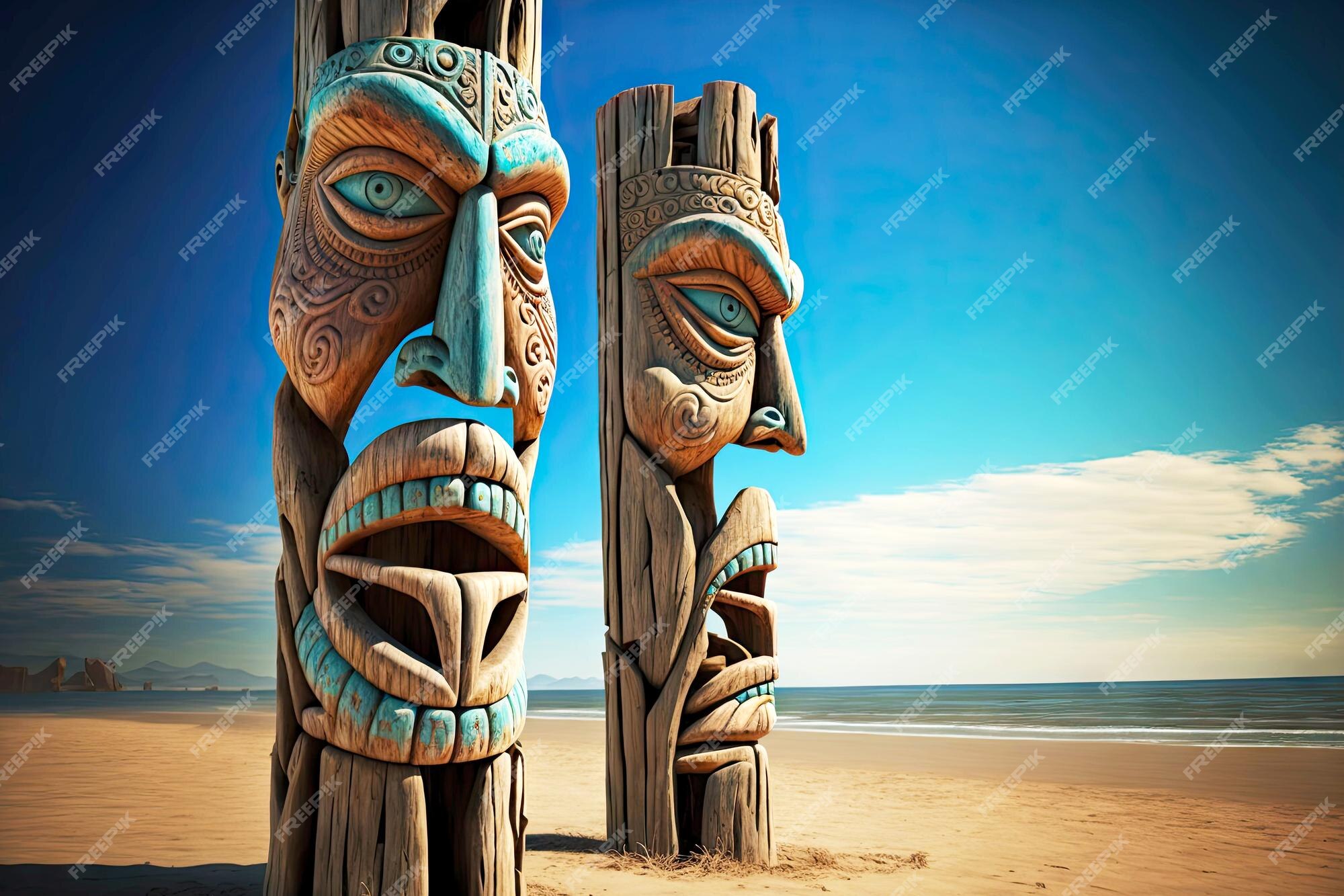 Premium Photo Wooden Statues Of Totems Idols Tiki Mask On Beach 