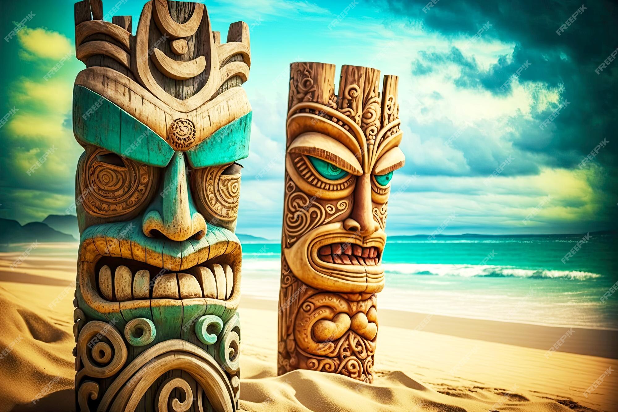 Premium Photo Wooden Statues Of Totems Idols Tiki Mask On Beach 