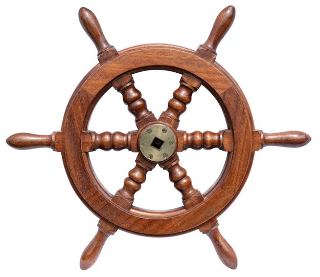 Photo wooden steering wheel rudder of a small boat isolated on white background