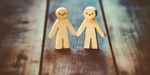 Foto una figura di bastone di legno con una faccina sorridente si tiene per mano e una coppia si tiene per mano il giorno dell'amicizia