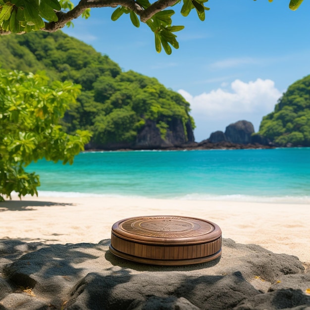 Wooden stone round podium on sand with a forest background