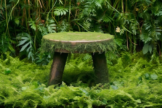 Photo wooden stool in the garden with green grass and ferns