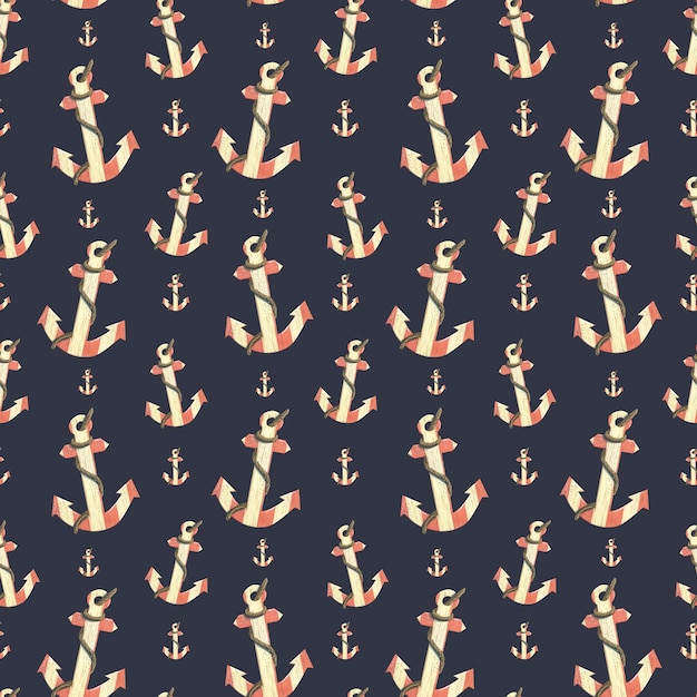 Деревянные полосатые якоря с веревкой на темно-синем фоне Акварельная иллюстрация Бесшовный узор из коллекции SEA FISHING Для тканевых обоев текстильные принты