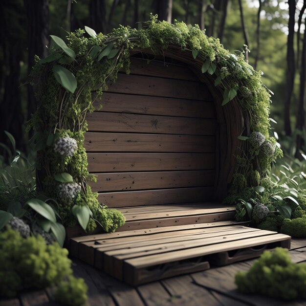 A wooden structure with plants on it and a door