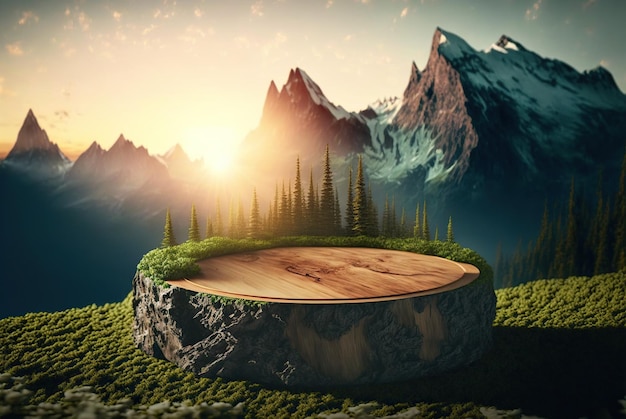 A wooden stump as a pedestal for displaying camping goods\
showcase in the mountains landscape with a fir trees