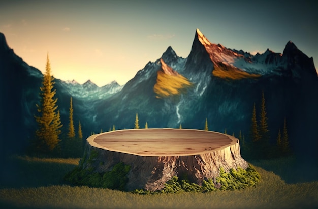 A wooden stump as a pedestal for displaying camping goods\
showcase in the mountains landscape with a fir trees