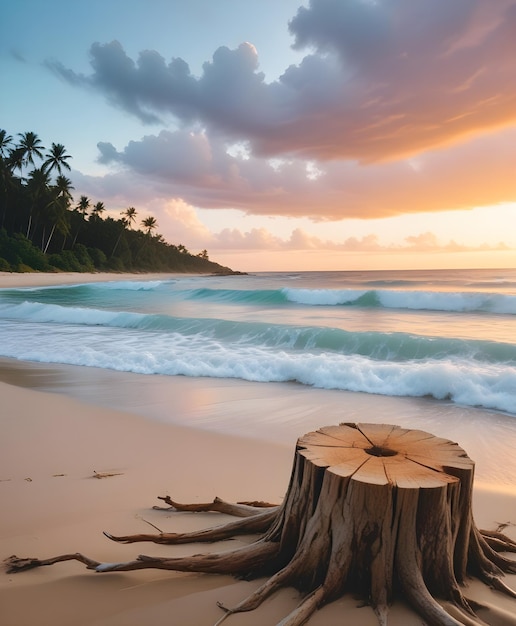 Photo a wooden stump on a sandy beach with a tropical ocean and sunset sky in the background