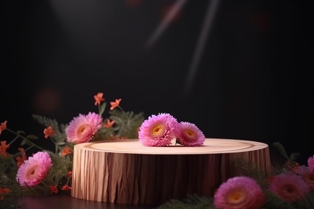 A wooden stump with flowers on it and a black background.