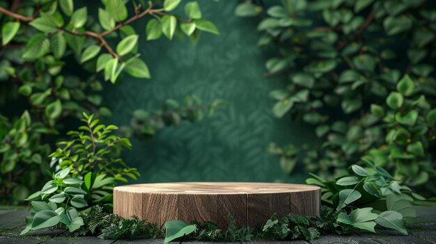 a wooden stump with a green background with a tree in the middle