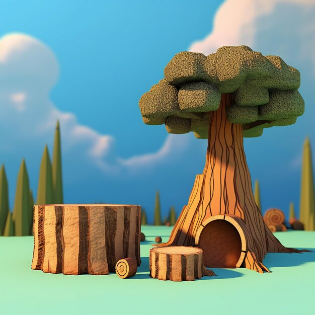 Photo wooden stump with tree and wooden house