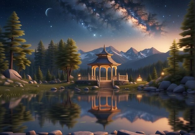 wooden summer gazebo in the garden by the lake against the night sky