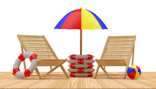 wooden sun loungers with beach umbrella in lifebuoys