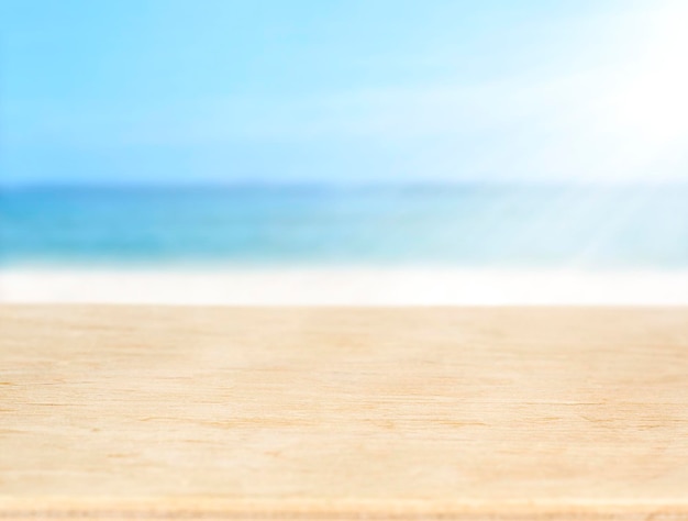 wooden surface on the background of the beach in the sun