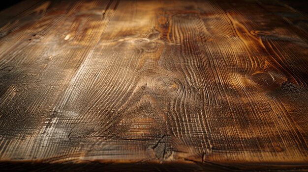 Foto desk a tavolo vuoto a superficie in legno su sfondo scuro