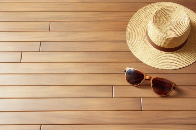 A wooden surface has a combination of a straw hat sunglasses and casual flipflops placed on it