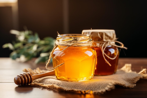 Wooden surface hosts closed jar brimming with the essence of fresh honey