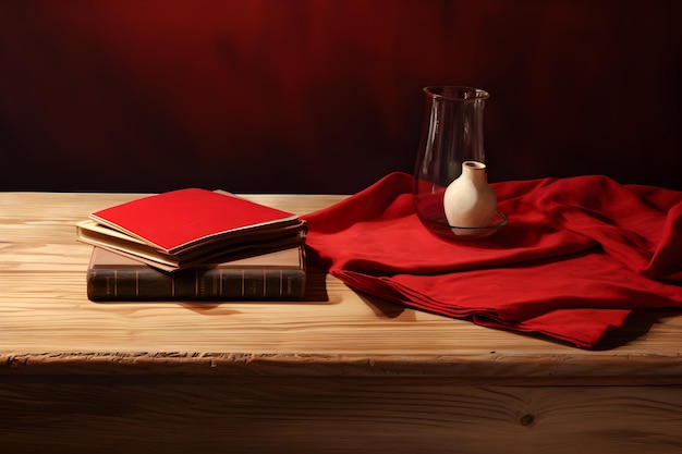 Wooden Surface on a Table in the Style of Carved Books Red