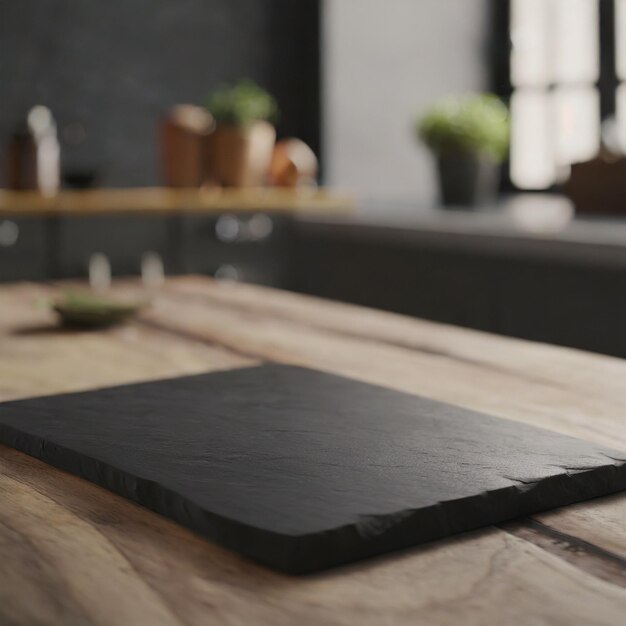 Wooden surface table with black cutting board stone